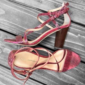 Via Spiga Strappy Block Heel Sandals | Size 9 | Berry Snake Print | Excellent ✨